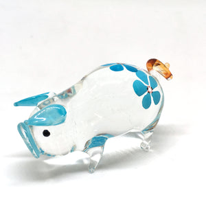 Glass Pig Flower Painted, Blue หมู